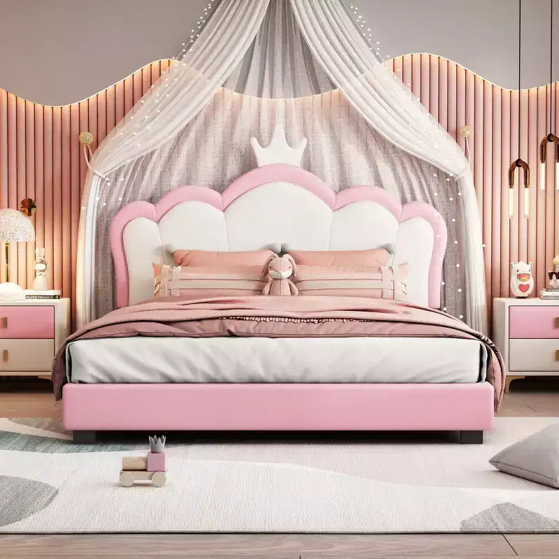 Full/ Twin Size Platform Bed, Upholstered Princess Bed Frame with Crown Headboard -ModernLuxe