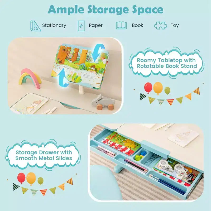 Costway Bureau d'étude pour enfants, réglable en hauteur, avec plateau inclinable et support de livre Bleu/Rose