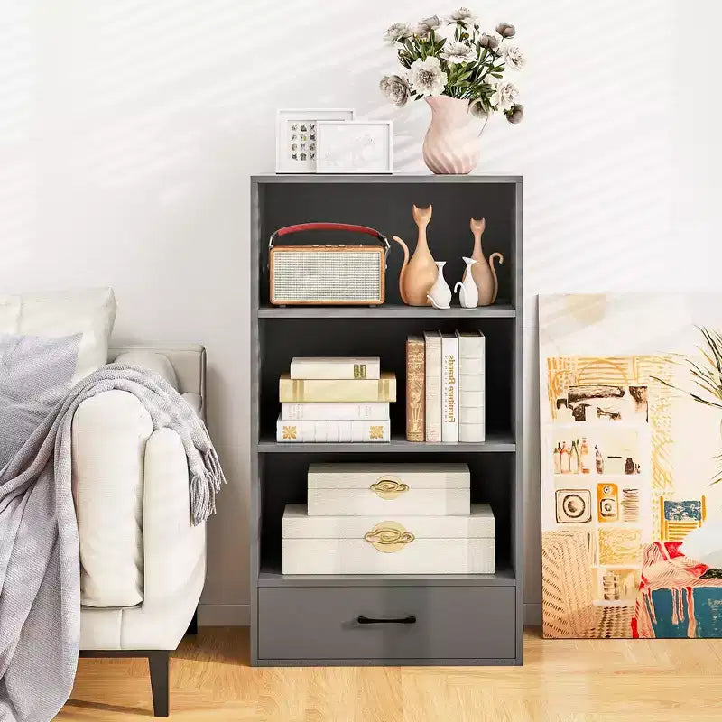 Costway Bibliothèque 4 niveaux 122 cm Étagère de présentation Rangement avec étagères et tiroir Gris/Blanc/Naturel