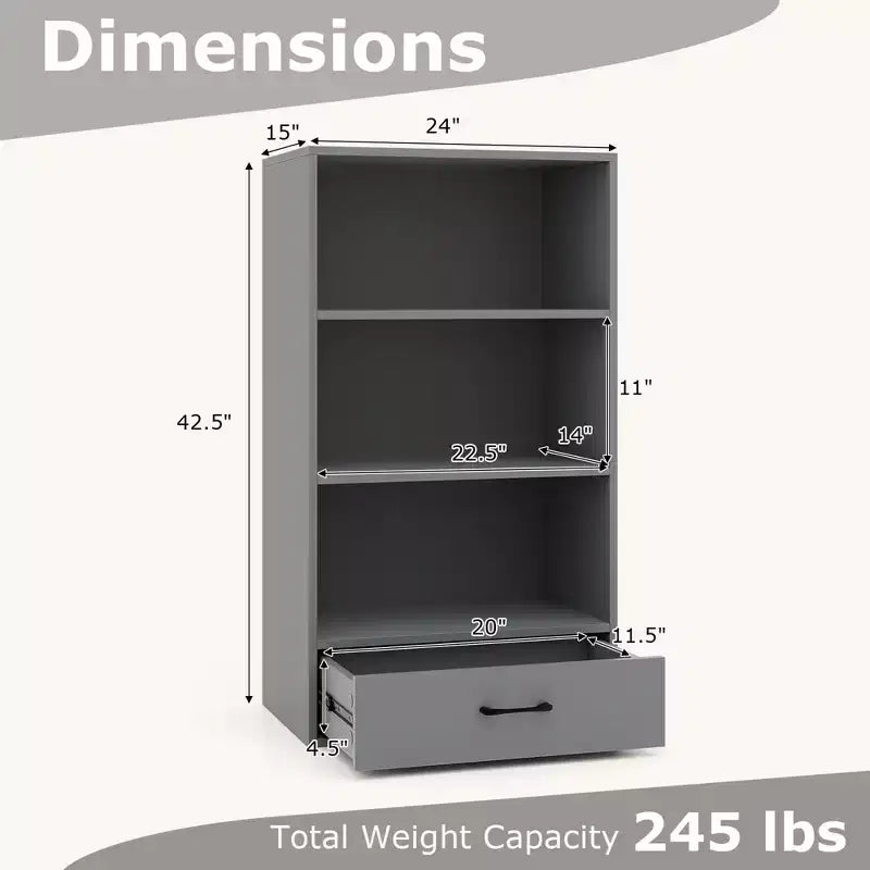 Costway Bibliothèque 4 niveaux 122 cm Étagère de présentation Rangement avec étagères et tiroir Gris/Blanc/Naturel