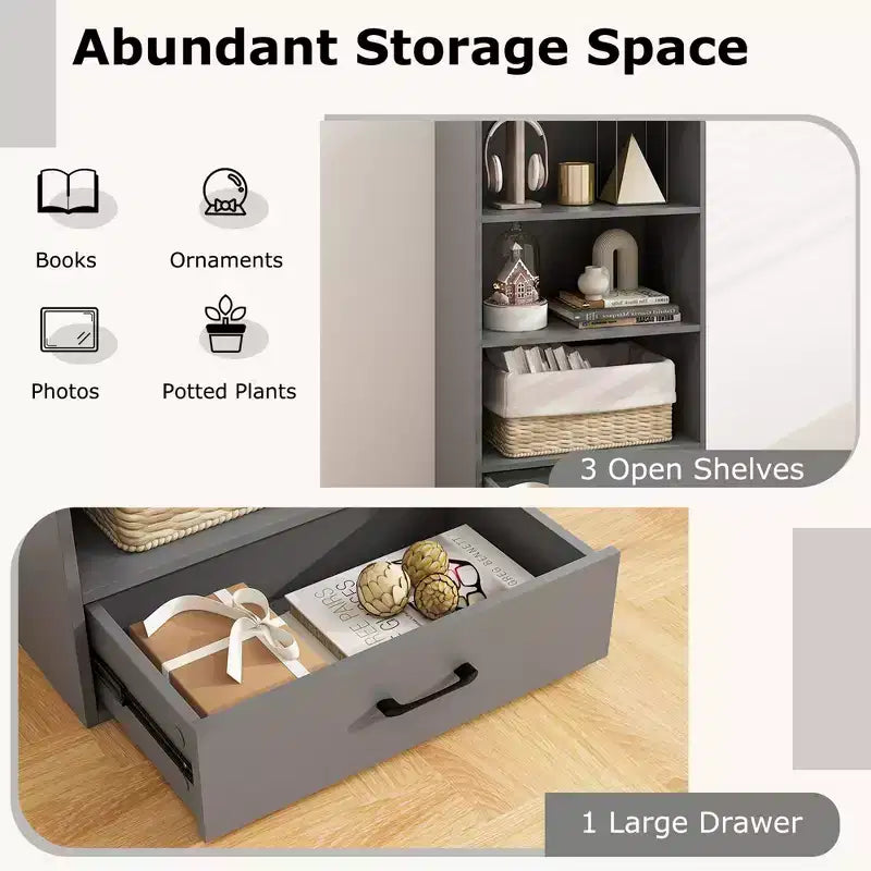Costway Bibliothèque 4 niveaux 122 cm Étagère de présentation Rangement avec étagères et tiroir Gris/Blanc/Naturel