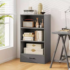 Costway Bibliothèque 4 niveaux 122 cm Étagère de présentation Rangement avec étagères et tiroir Gris/Blanc/Naturel