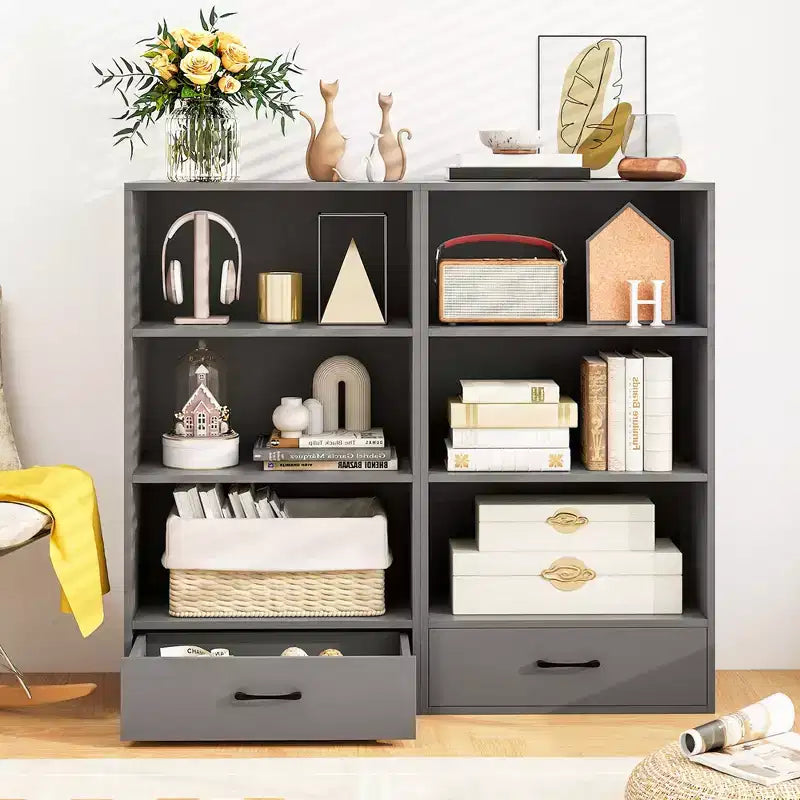 Costway Bibliothèque 4 niveaux 122 cm Étagère de présentation Rangement avec étagères et tiroir Gris/Blanc/Naturel