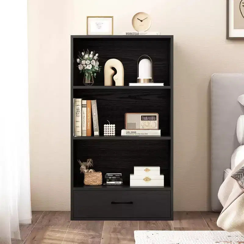 Costway Bibliothèque 4 niveaux 122 cm Étagère de présentation Rangement avec étagères et tiroir Gris/Blanc/Naturel