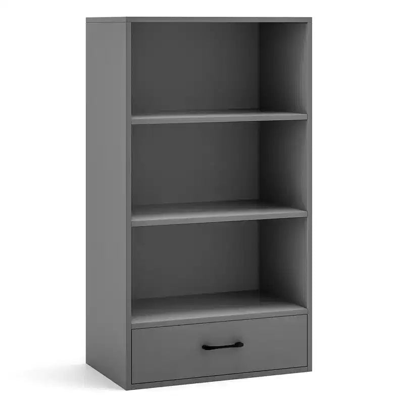 Costway Bibliothèque 4 niveaux 122 cm Étagère de présentation Rangement avec étagères et tiroir Gris/Blanc/Naturel