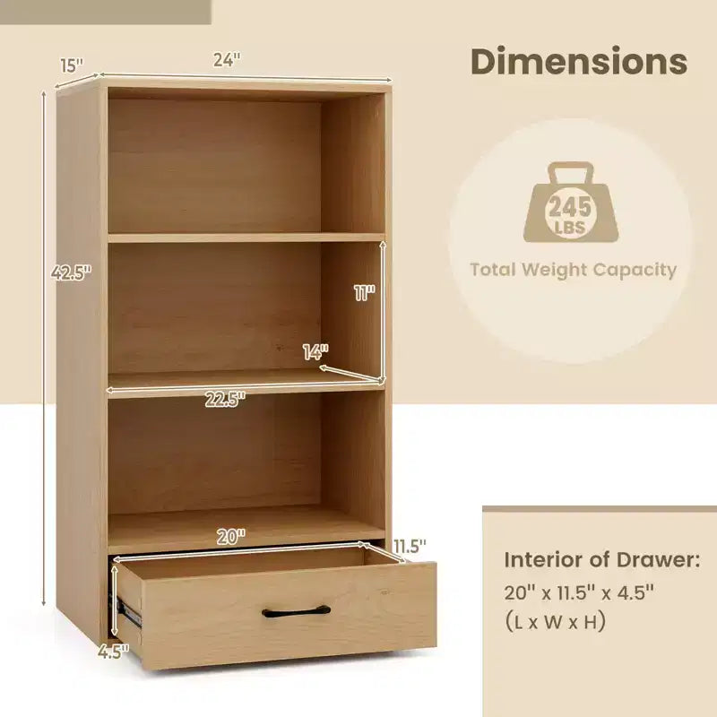 Costway Bibliothèque 4 niveaux 122 cm Étagère de présentation Rangement avec étagères et tiroir Gris/Blanc/Naturel