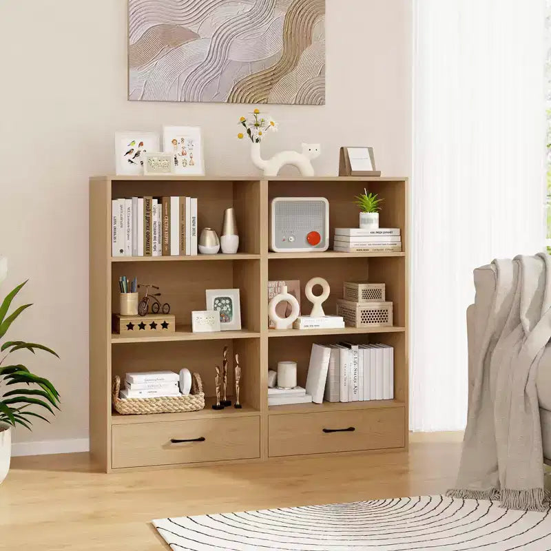 Costway Bibliothèque 4 niveaux 122 cm Étagère de présentation Rangement avec étagères et tiroir Gris/Blanc/Naturel