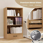 Costway Bibliothèque 4 niveaux 122 cm Étagère de présentation Rangement avec étagères et tiroir Gris/Blanc/Naturel