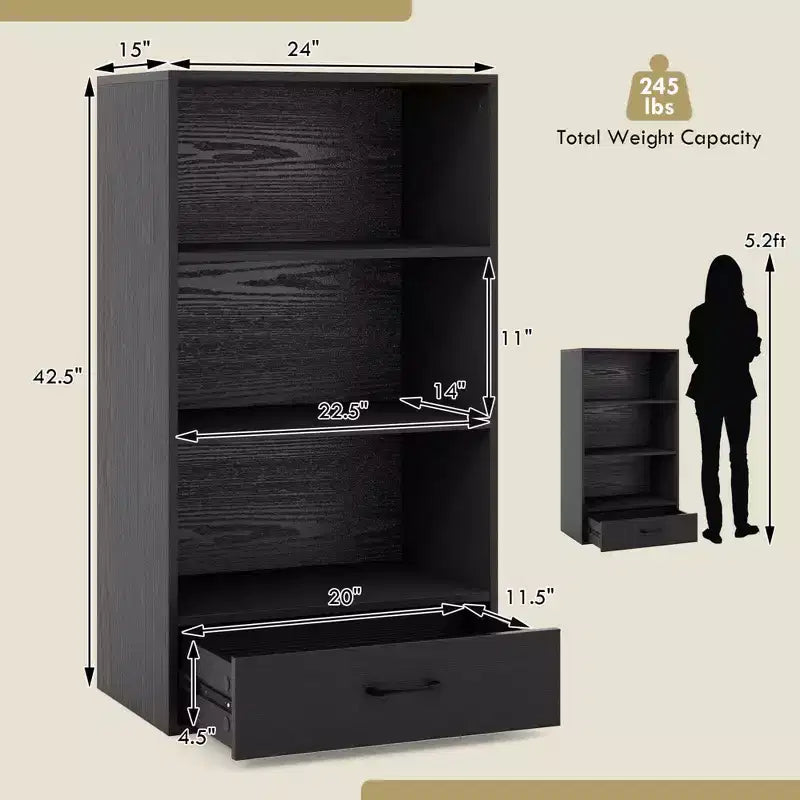 Costway Bibliothèque 4 niveaux 122 cm Étagère de présentation Rangement avec étagères et tiroir Gris/Blanc/Naturel