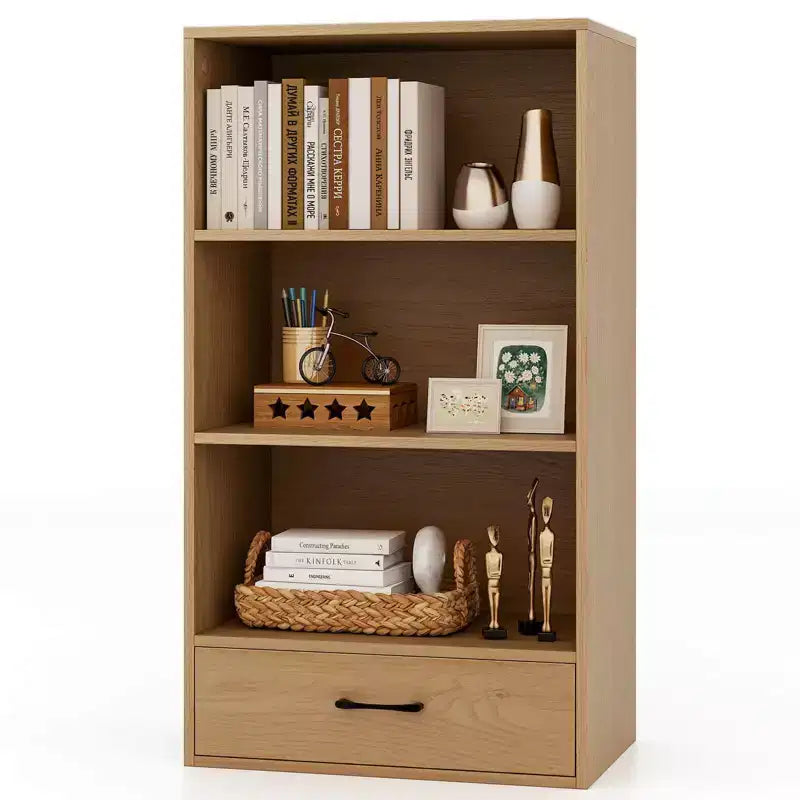 Costway Bibliothèque 4 niveaux 122 cm Étagère de présentation Rangement avec étagères et tiroir Gris/Blanc/Naturel