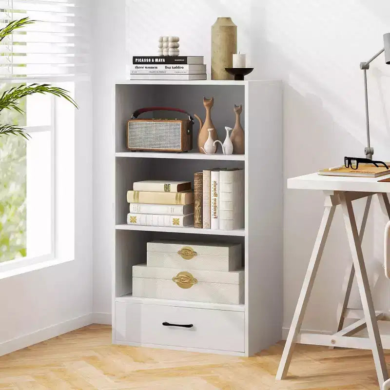 Costway Bibliothèque 4 niveaux 122 cm Étagère de présentation Rangement avec étagères et tiroir Gris/Blanc/Naturel