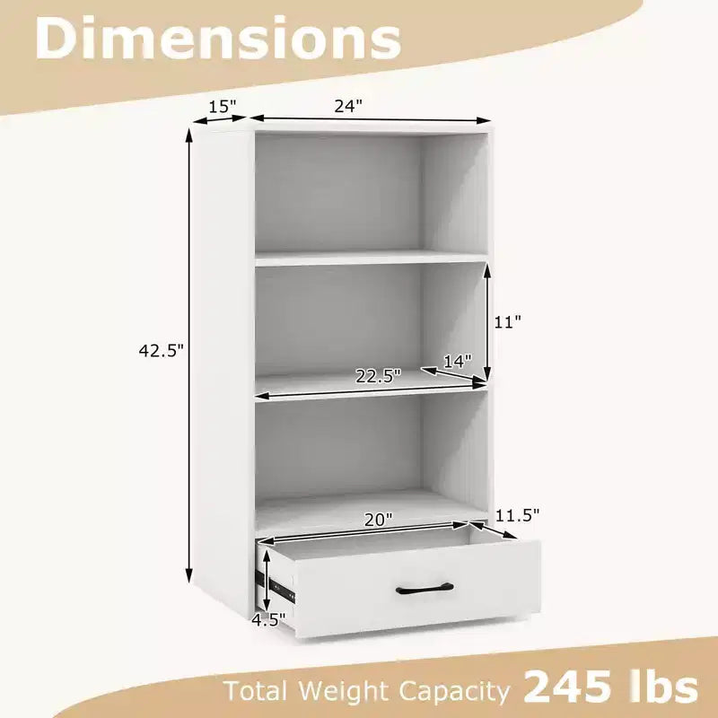 Costway Bibliothèque 4 niveaux 122 cm Étagère de présentation Rangement avec étagères et tiroir Gris/Blanc/Naturel