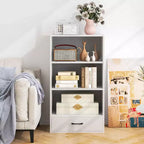 Costway Bibliothèque 4 niveaux 122 cm Étagère de présentation Rangement avec étagères et tiroir Gris/Blanc/Naturel
