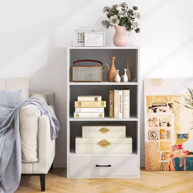 Costway Bibliothèque 4 niveaux 122 cm Étagère de présentation Rangement avec étagères et tiroir Gris/Blanc/Naturel