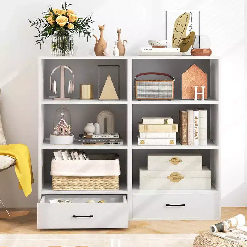 Costway Bibliothèque 4 niveaux 122 cm Étagère de présentation Rangement avec étagères et tiroir Gris/Blanc/Naturel