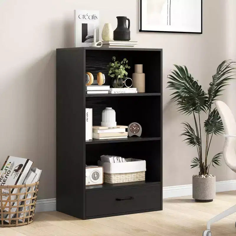 Costway Bibliothèque 4 niveaux 122 cm Étagère de présentation Rangement avec étagères et tiroir Gris/Blanc/Naturel