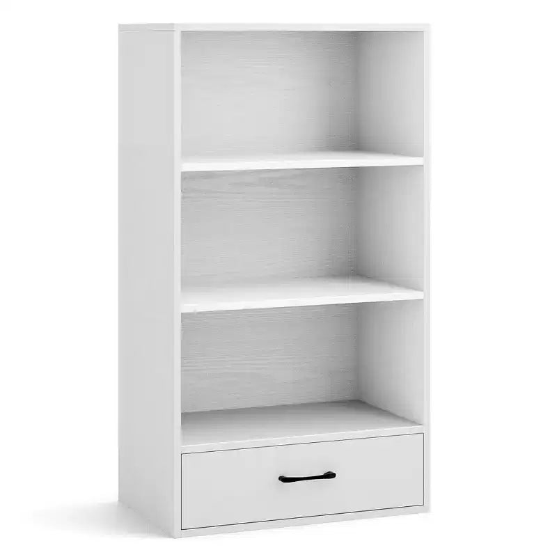 Costway Bibliothèque 4 niveaux 122 cm Étagère de présentation Rangement avec étagères et tiroir Gris/Blanc/Naturel