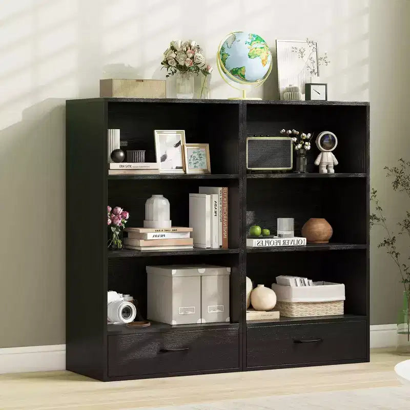 Costway Bibliothèque 4 niveaux 122 cm Étagère de présentation Rangement avec étagères et tiroir Gris/Blanc/Naturel