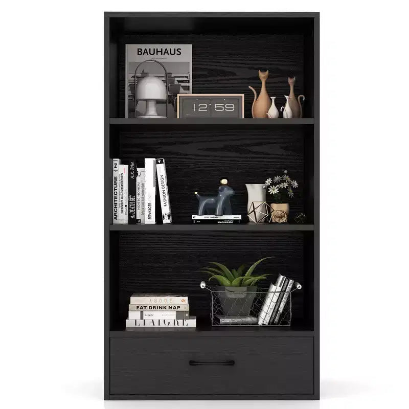 Costway Bibliothèque 4 niveaux 122 cm Étagère de présentation Rangement avec étagères et tiroir Gris/Blanc/Naturel