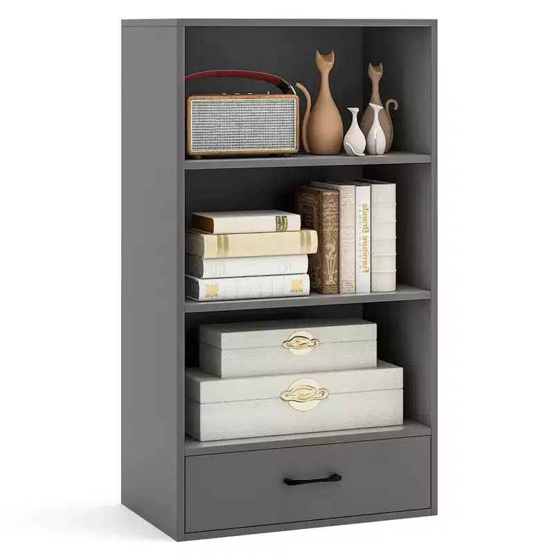 Costway Bibliothèque 4 niveaux 122 cm Étagère de présentation Rangement avec étagères et tiroir Gris/Blanc/Naturel