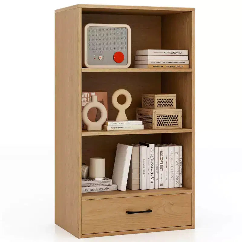 Costway Bibliothèque 4 niveaux 122 cm Étagère de présentation Rangement avec étagères et tiroir Gris/Blanc/Naturel
