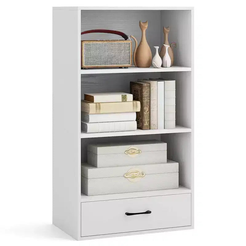 Costway Bibliothèque 4 niveaux 122 cm Étagère de présentation Rangement avec étagères et tiroir Gris/Blanc/Naturel