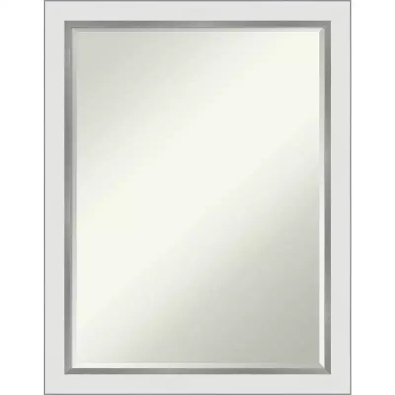 Amanti Art Eva White Silver Narrow Petite Bevel Bathroom Wall Mirror 27 x 21 in.