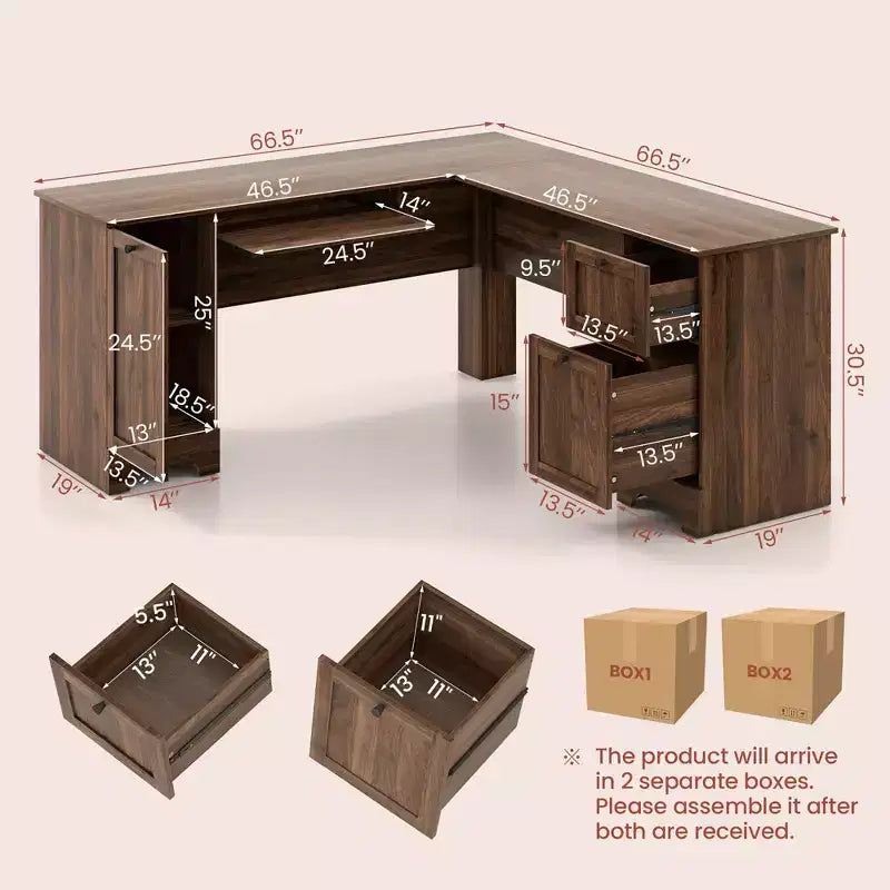 Costway Bureau d'angle en forme de L pour bureau à domicile, 66,5'', avec tiroir de clavier, couleur foncée