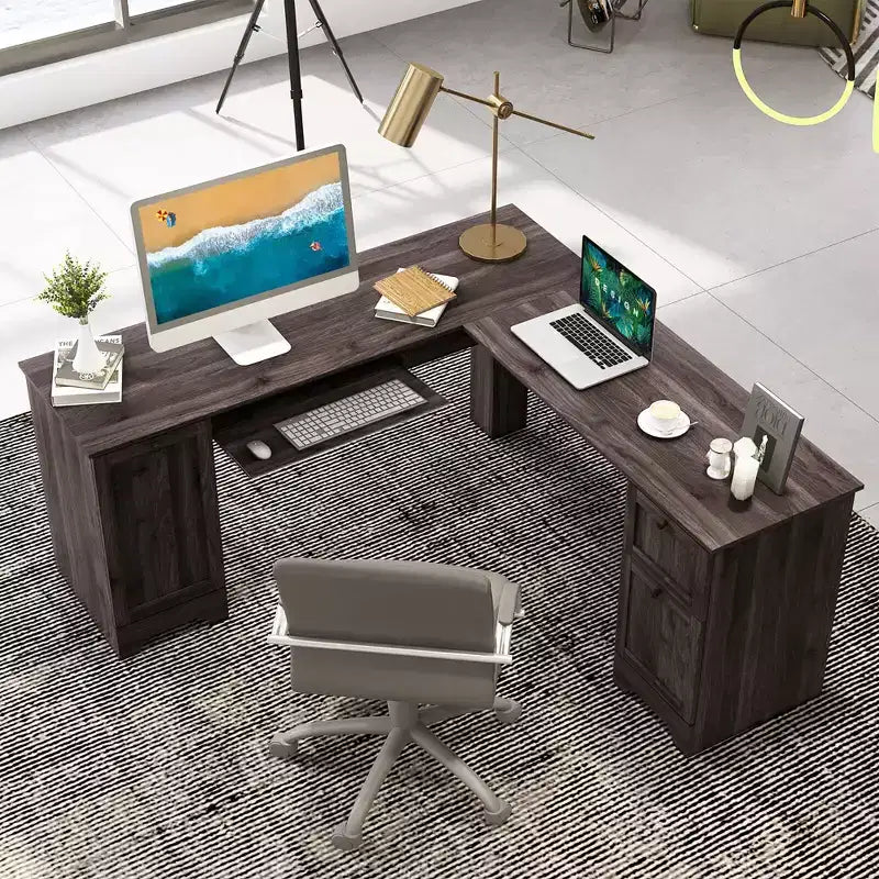 Costway Bureau d'angle en forme de L pour bureau à domicile, 66,5'', avec tiroir de clavier, couleur foncée
