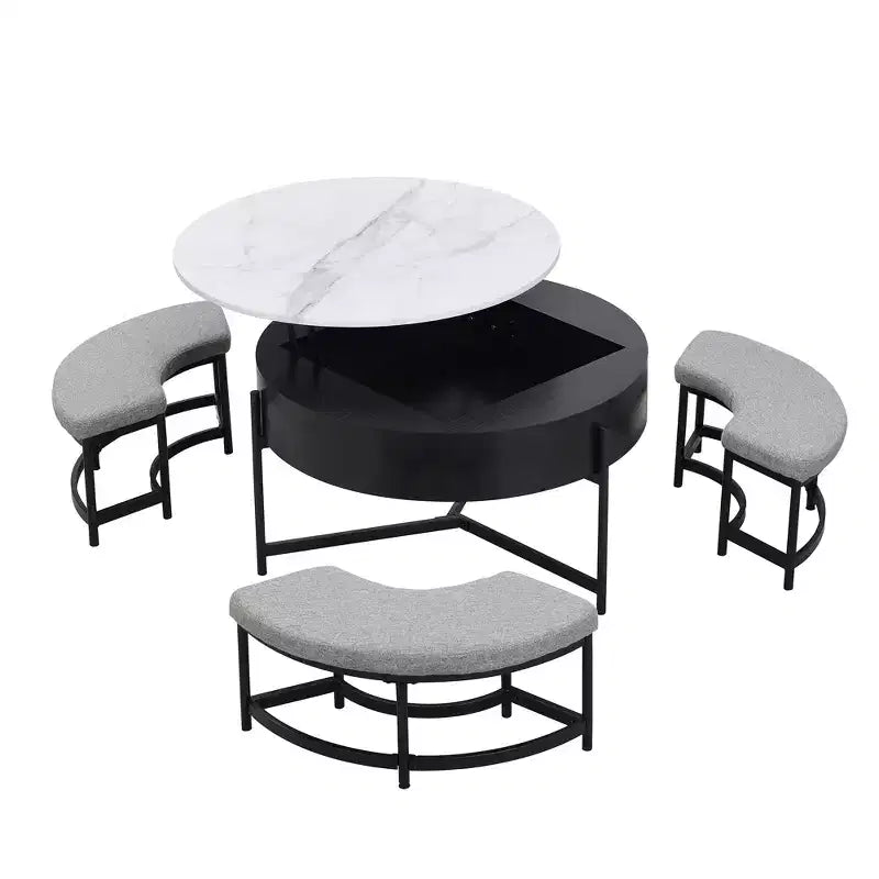 Table basse ronde relevable moderne avec rangement et 3 poufs, blanc+noir-ModernLuxe