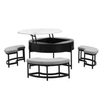 Table basse ronde relevable moderne avec rangement et 3 poufs, blanc+noir-ModernLuxe