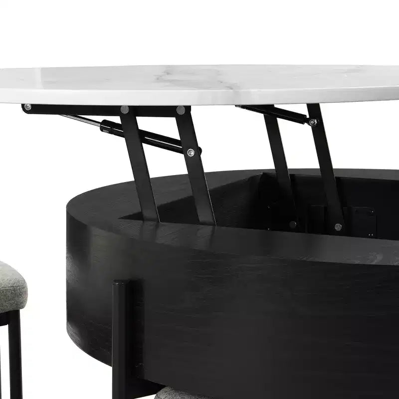 Table basse ronde relevable moderne avec rangement et 3 poufs, blanc+noir-ModernLuxe
