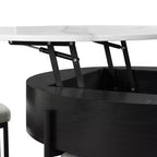 Table basse ronde relevable moderne avec rangement et 3 poufs, blanc+noir-ModernLuxe