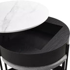 Table basse ronde relevable moderne avec rangement et 3 poufs, blanc+noir-ModernLuxe
