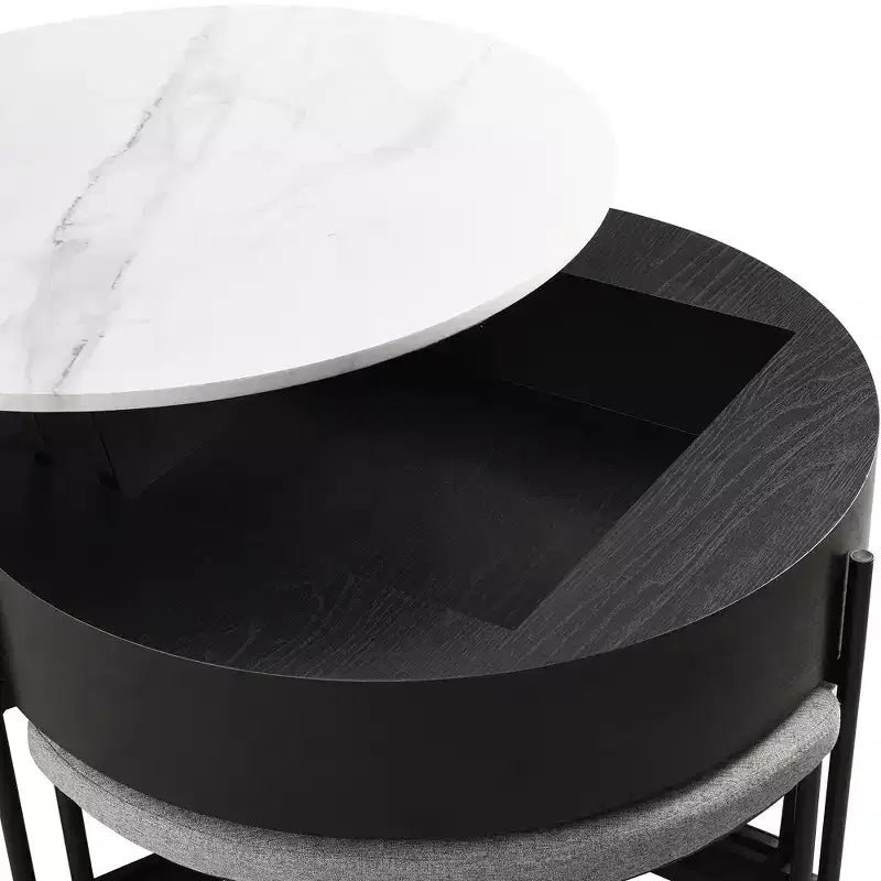 Table basse ronde relevable moderne avec rangement et 3 poufs, blanc+noir-ModernLuxe