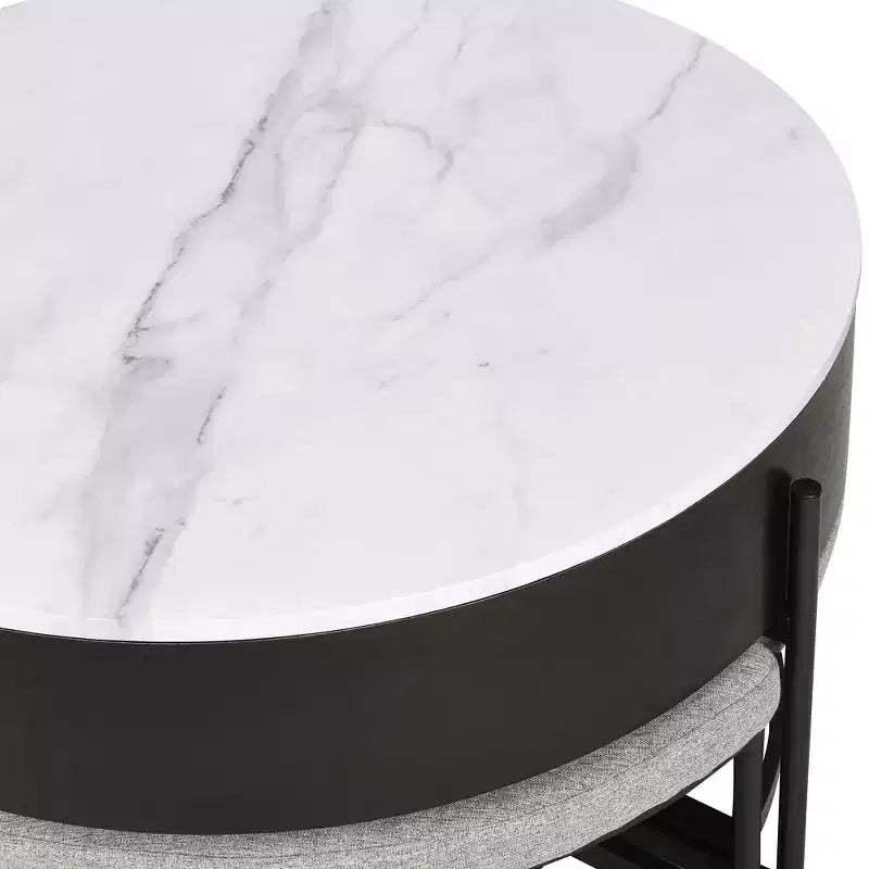 Table basse ronde relevable moderne avec rangement et 3 poufs, blanc+noir-ModernLuxe