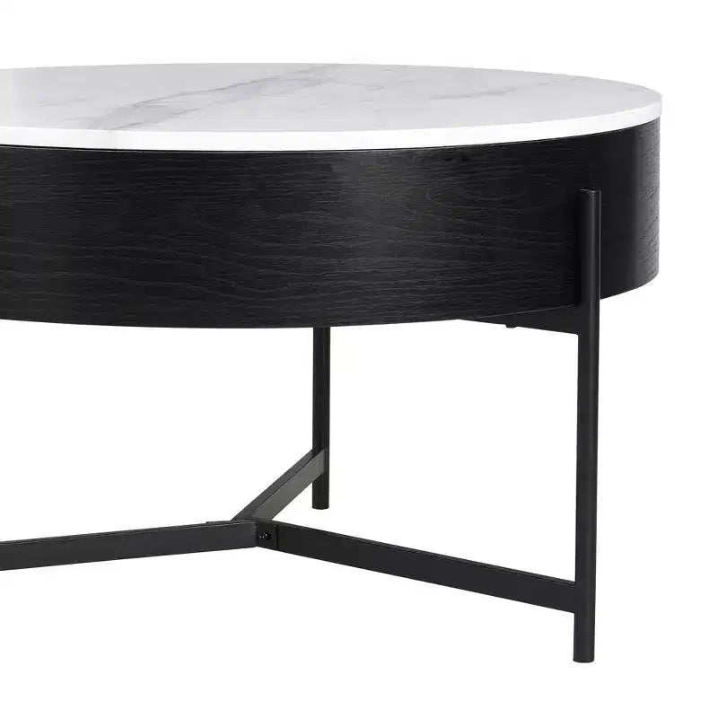 Table basse ronde relevable moderne avec rangement et 3 poufs, blanc+noir-ModernLuxe