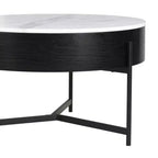 Table basse ronde relevable moderne avec rangement et 3 poufs, blanc+noir-ModernLuxe