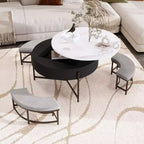 Table basse ronde relevable moderne avec rangement et 3 poufs, blanc+noir-ModernLuxe