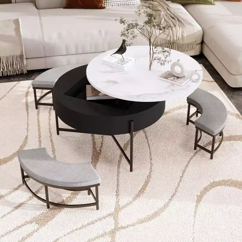 Table basse ronde relevable moderne avec rangement et 3 poufs, blanc+noir-ModernLuxe