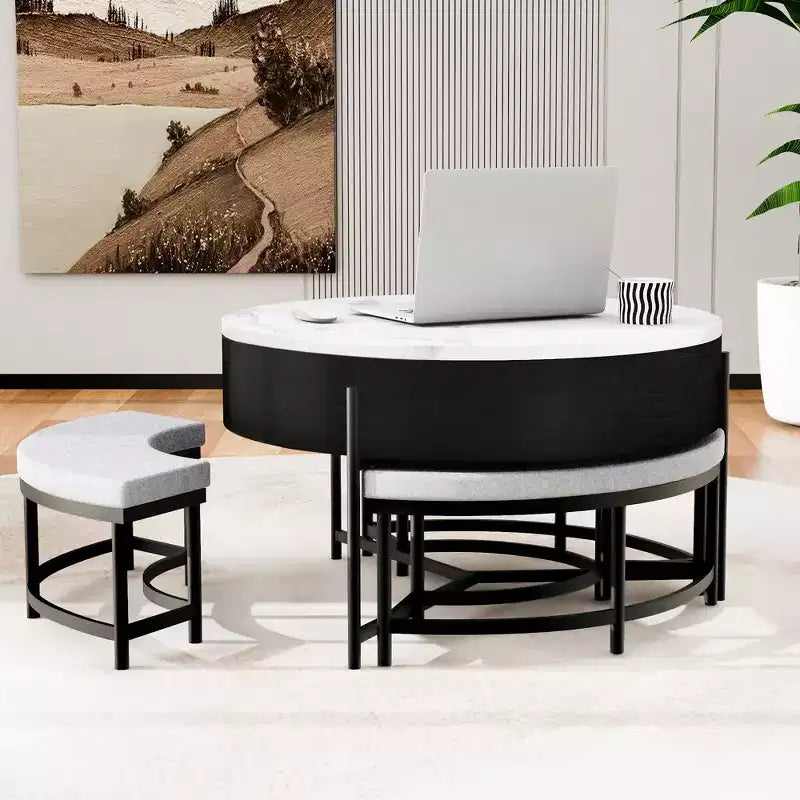 Table basse ronde relevable moderne avec rangement et 3 poufs, blanc+noir-ModernLuxe