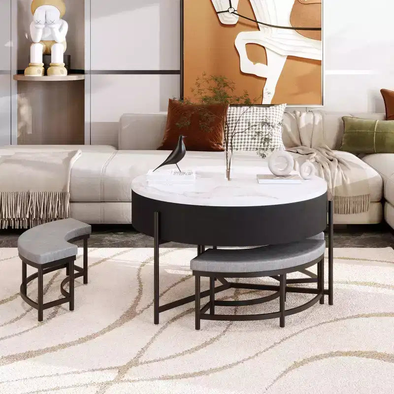 Table basse ronde relevable moderne avec rangement et 3 poufs, blanc+noir-ModernLuxe