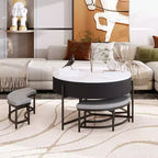 Table basse ronde relevable moderne avec rangement et 3 poufs, blanc+noir-ModernLuxe