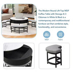 Table basse ronde relevable moderne avec rangement et 3 poufs, blanc+noir-ModernLuxe