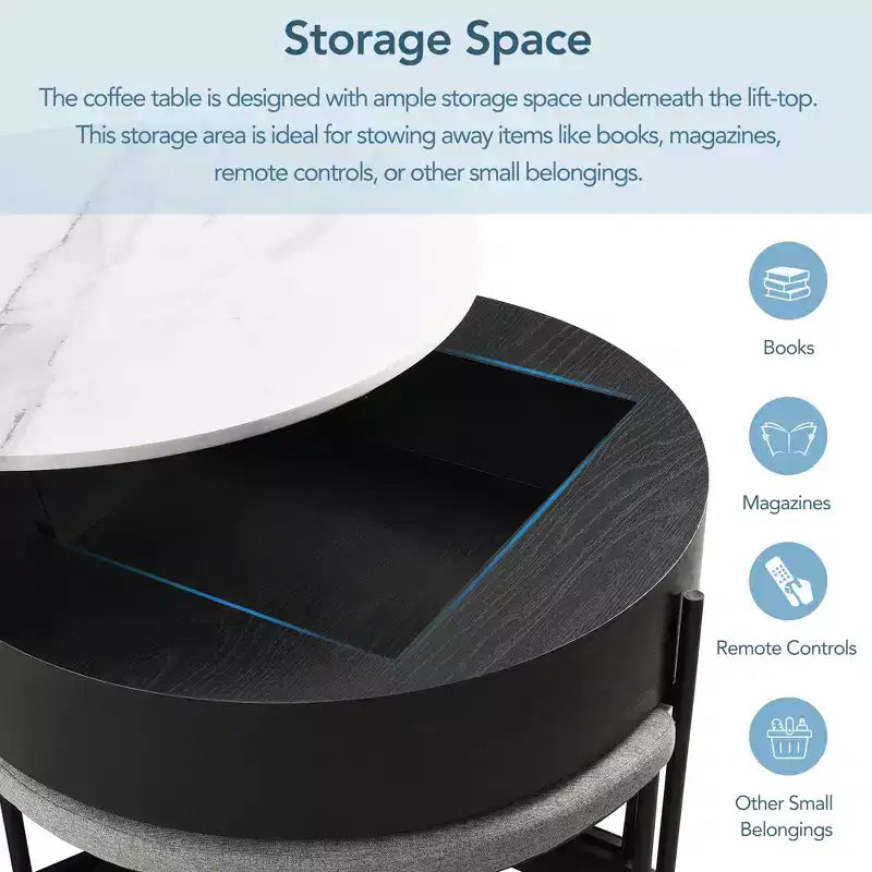 Table basse ronde relevable moderne avec rangement et 3 poufs, blanc+noir-ModernLuxe