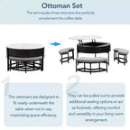 Table basse ronde relevable moderne avec rangement et 3 poufs, blanc+noir-ModernLuxe