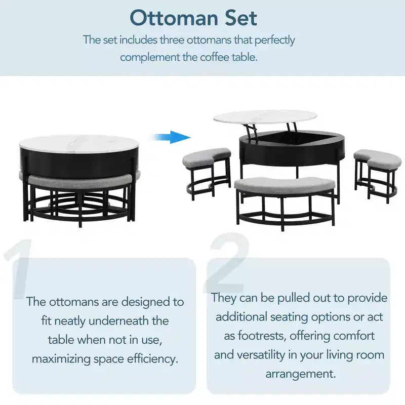 Table basse ronde relevable moderne avec rangement et 3 poufs, blanc+noir-ModernLuxe