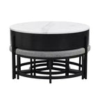 Table basse ronde relevable moderne avec rangement et 3 poufs, blanc+noir-ModernLuxe