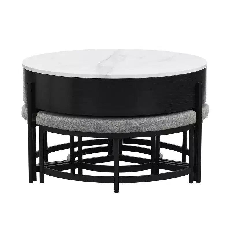 Table basse ronde relevable moderne avec rangement et 3 poufs, blanc+noir-ModernLuxe