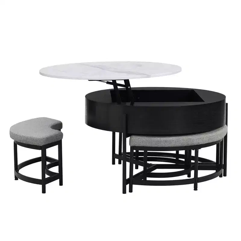 Table basse ronde relevable moderne avec rangement et 3 poufs, blanc+noir-ModernLuxe